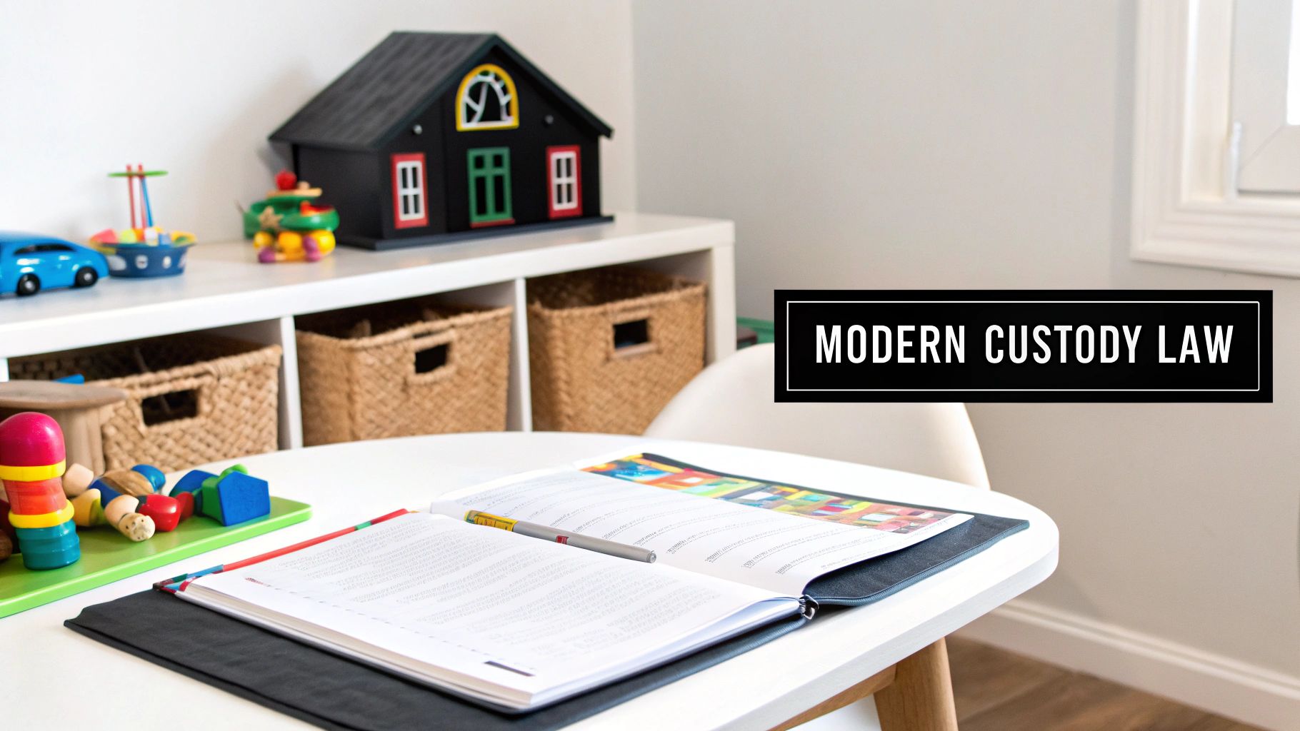 An open legal book on 'MODERN CUSTODY LAW' on a table in a child-friendly room with toys.