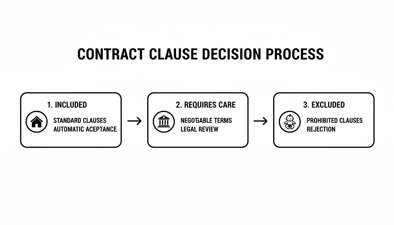 Flowchart illustrating contract clause decision process with three categories: Included, Requires Care, and Excluded.