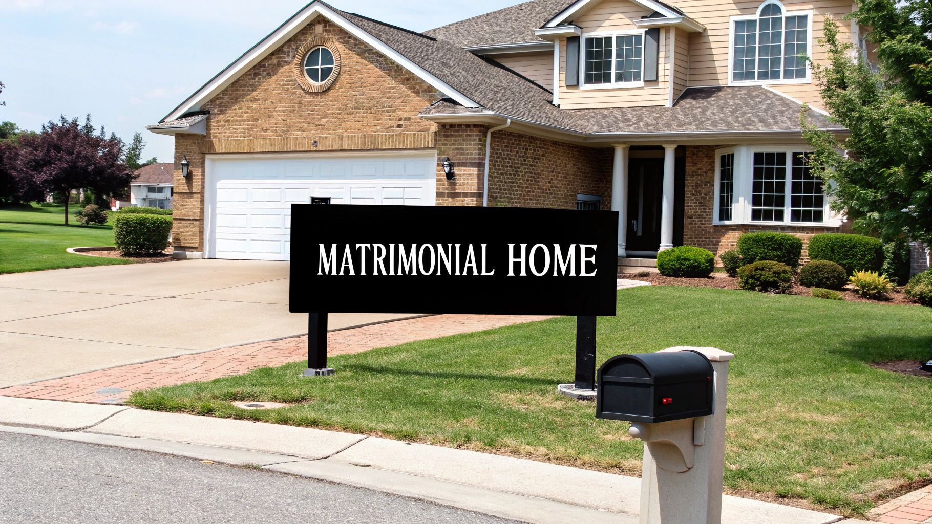 A two-story brick house with a green lawn, a driveway, and a sign reading 'MATRIMONIAL HOME'.