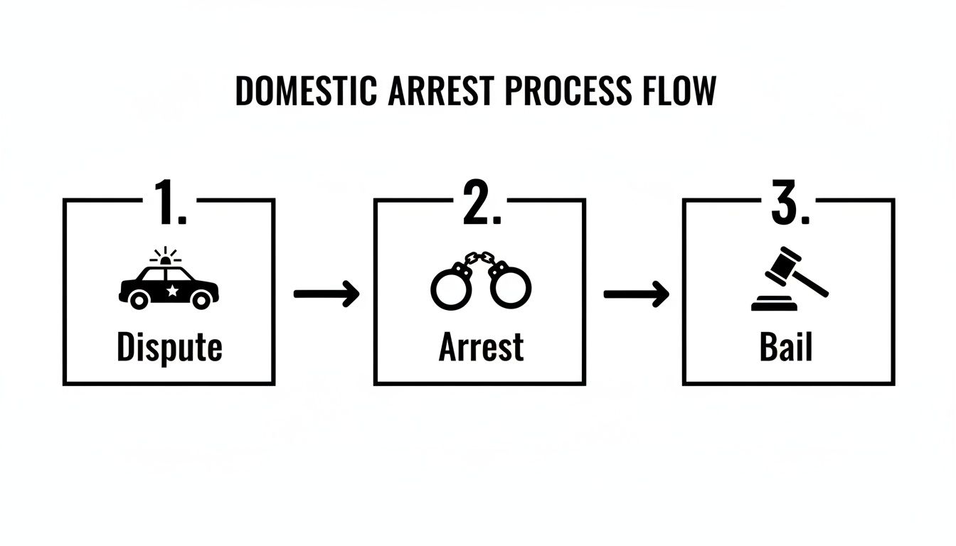 A flowchart illustrating the domestic arrest process, from initial dispute to arrest and bail.