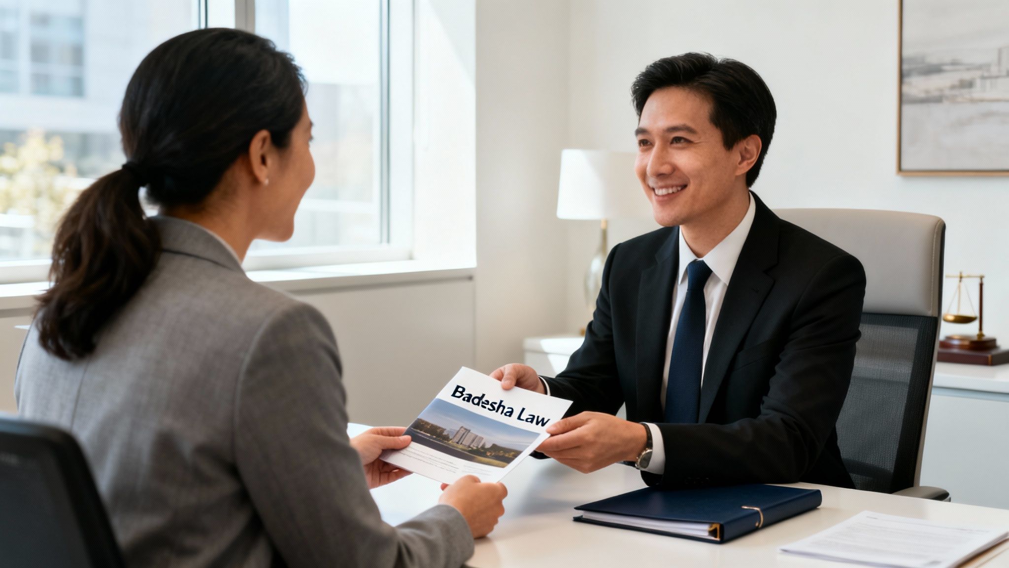 A smiling lawyer in a suit hands a 'Badesha Law' brochure to a client across an office desk.