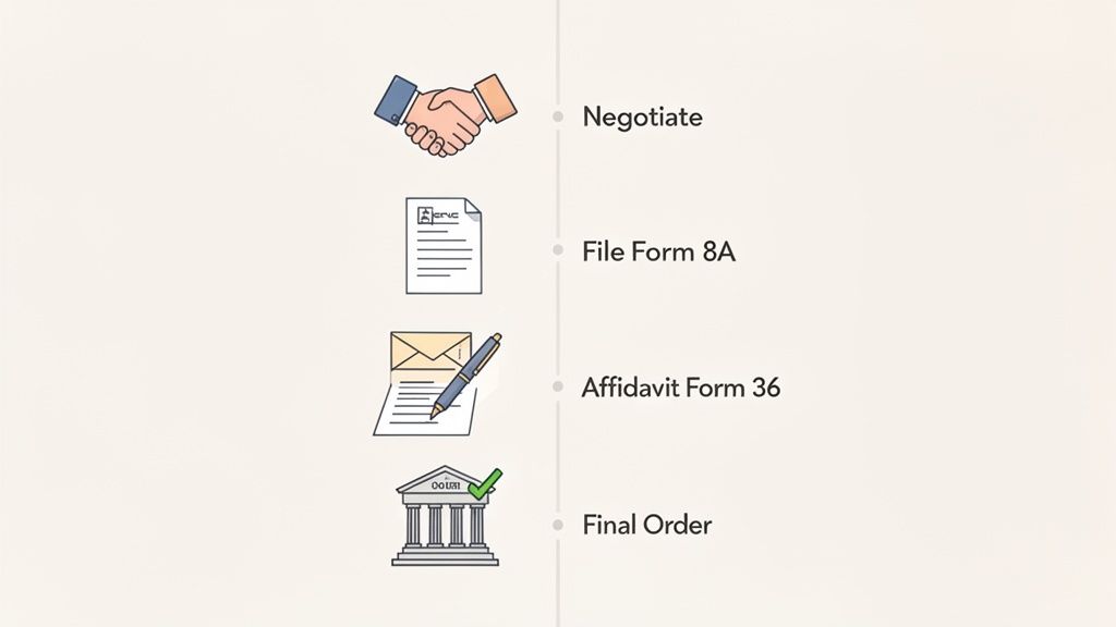 A four-step legal process timeline showing negotiation, filing forms, affidavit, and final order.