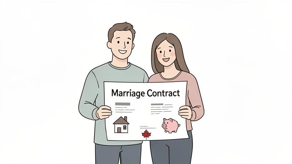 A smiling cartoon couple holds a marriage contract document featuring a house, Canadian maple leaf, and piggy bank.