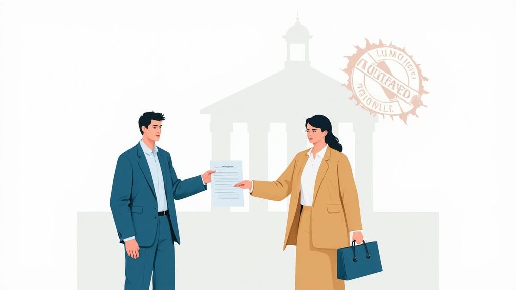 Man hands document to woman in suit, with a courthouse and official stamp in background.
