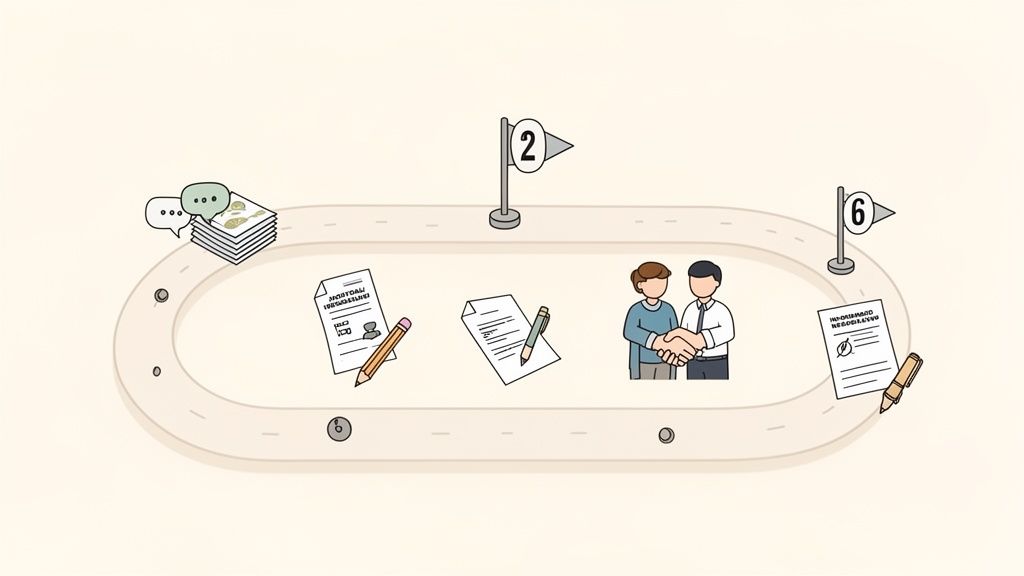 Illustrated workflow on an oval path, showing steps from documents and discussion to a handshake.