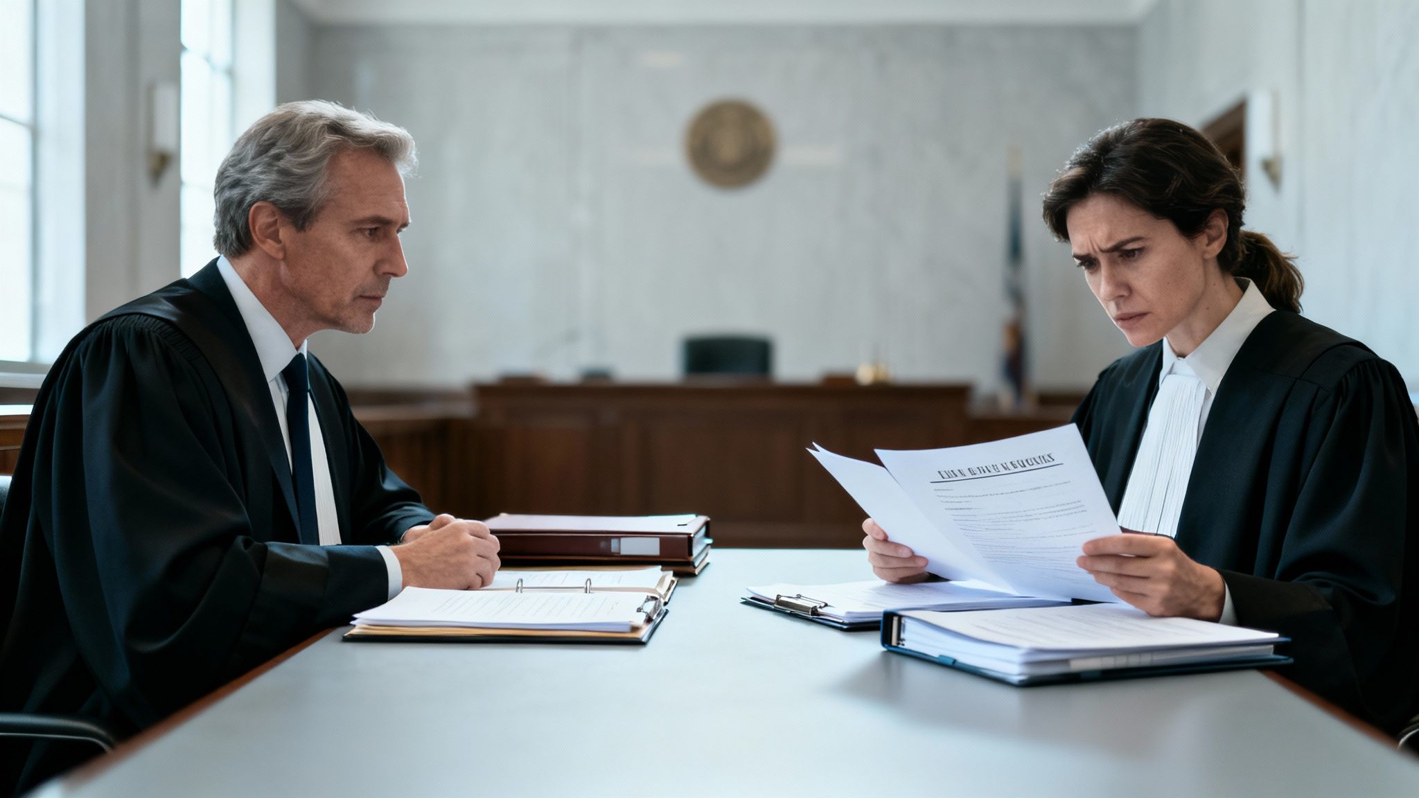 Two lawyers in robes reviewing legal documents intently at a table in a courtroom.