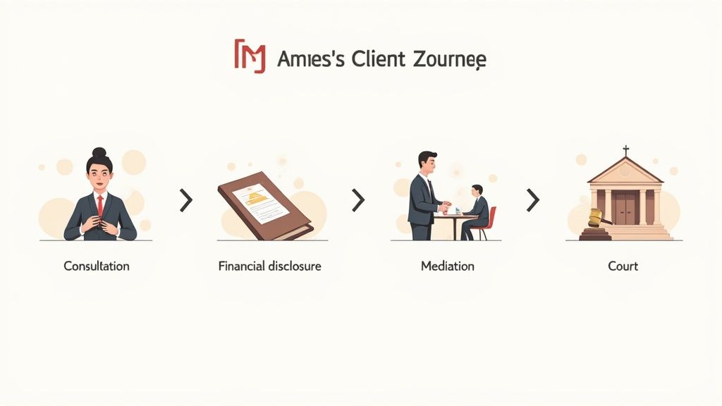 Diagram illustrating the four stages of a legal client journey: consultation, financial disclosure, mediation, and court.