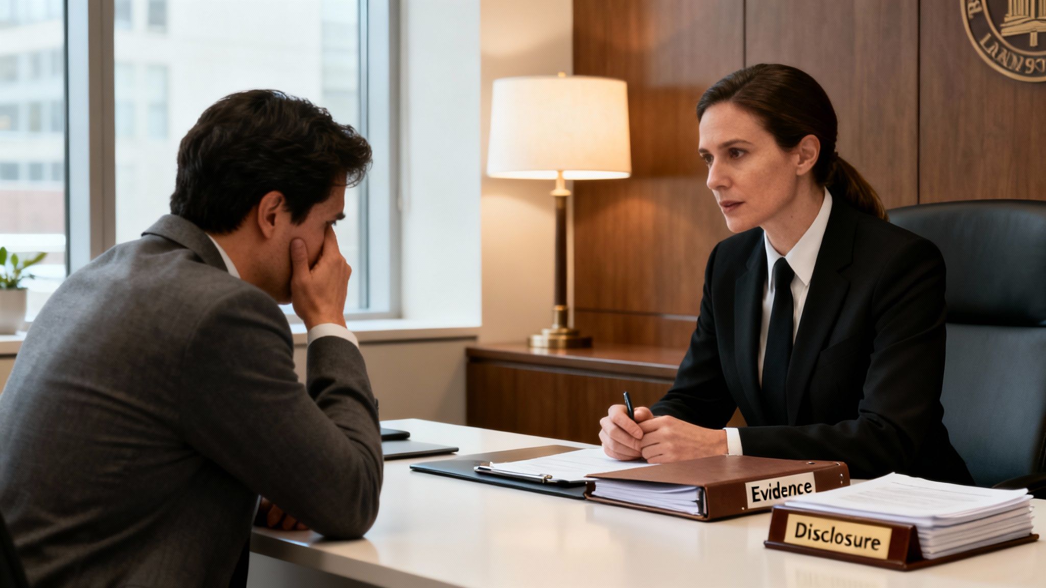A distressed man in a suit sits opposite a professional woman lawyer during a serious meeting.