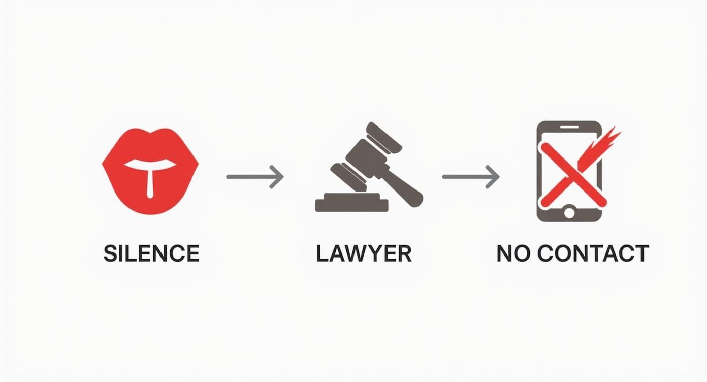 Diagram showing the sequence: silence (lips icon), then a lawyer (gavel), then no contact (crossed-out phone).