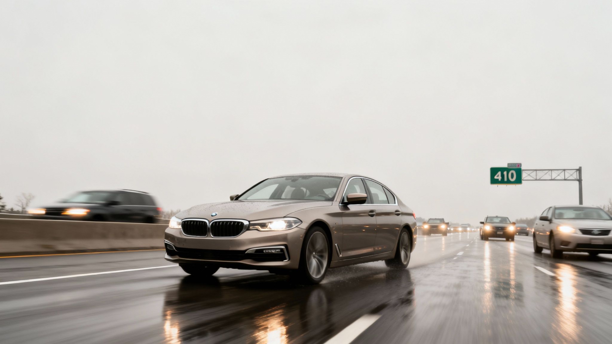 A beige BMW sedan drives on a wet highway with blurred cars and a '410' road sign.