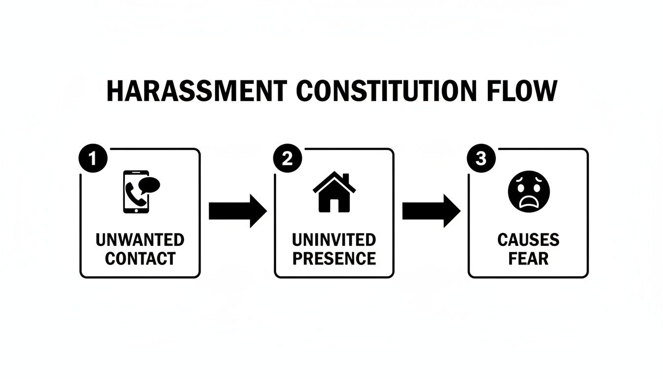 Flowchart illustrating the constitution of harassment: unwanted contact, uninvited presence, and causing fear.