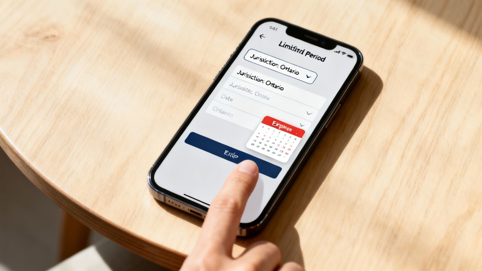 Person using mobile phone app to check statute of limitations period for Ontario jurisdiction
