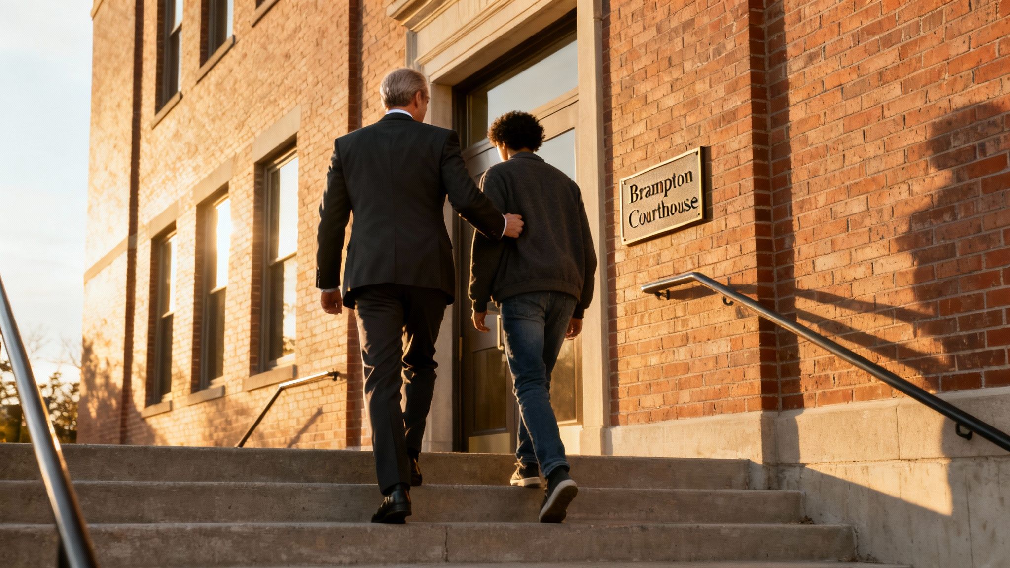 An older man in a suit supports a younger man walking into Brampton Courthouse.