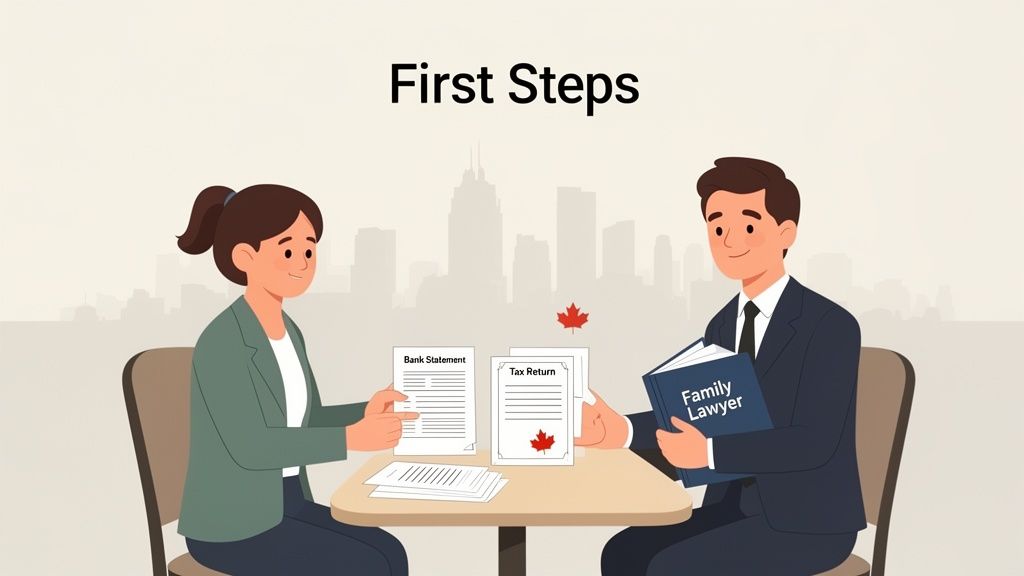 Two people discuss financial documents and legal matters, including a bank statement and tax return, with a family lawyer.