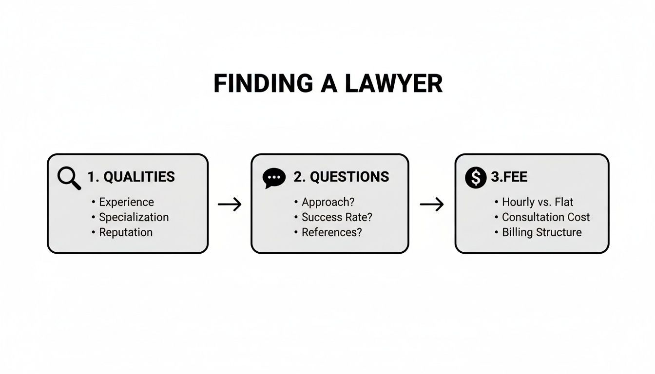 A three-step guide outlining how to find a lawyer, covering qualities, essential questions, and fee structures.