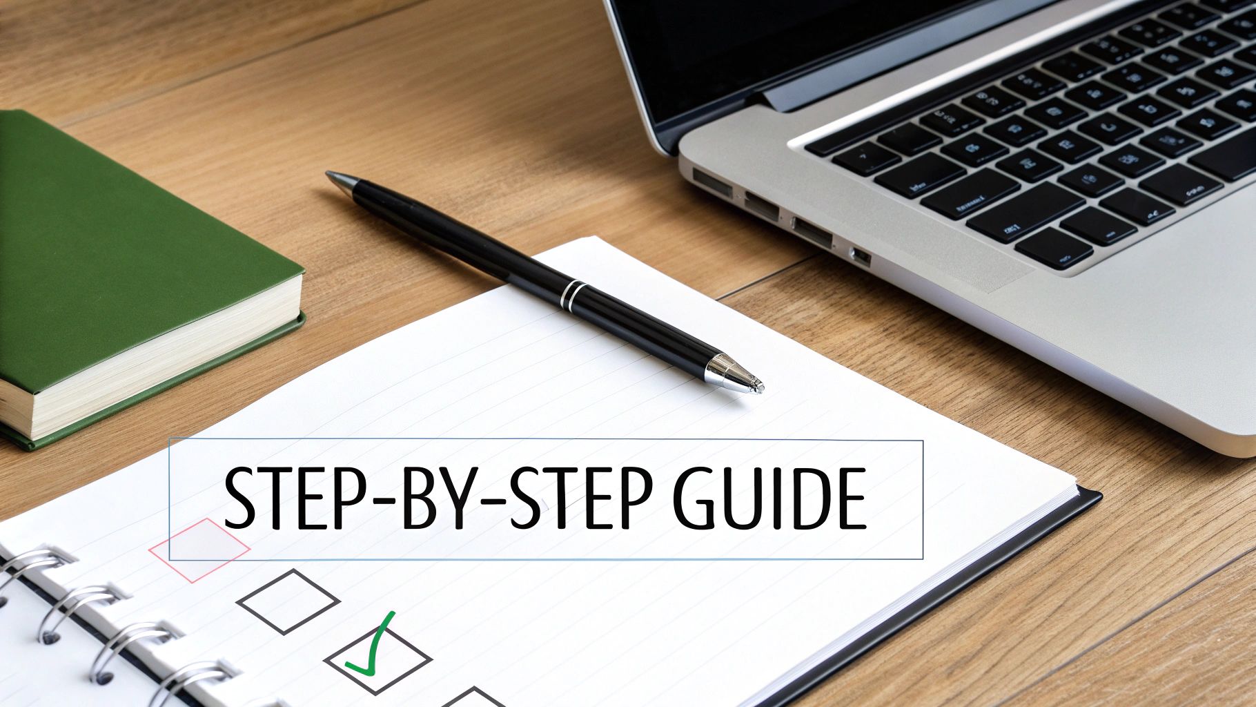 A wooden desk with a laptop, a green book, a pen, and a notebook displaying 'STEP-BY-STEP GUIDE' with a checked box.