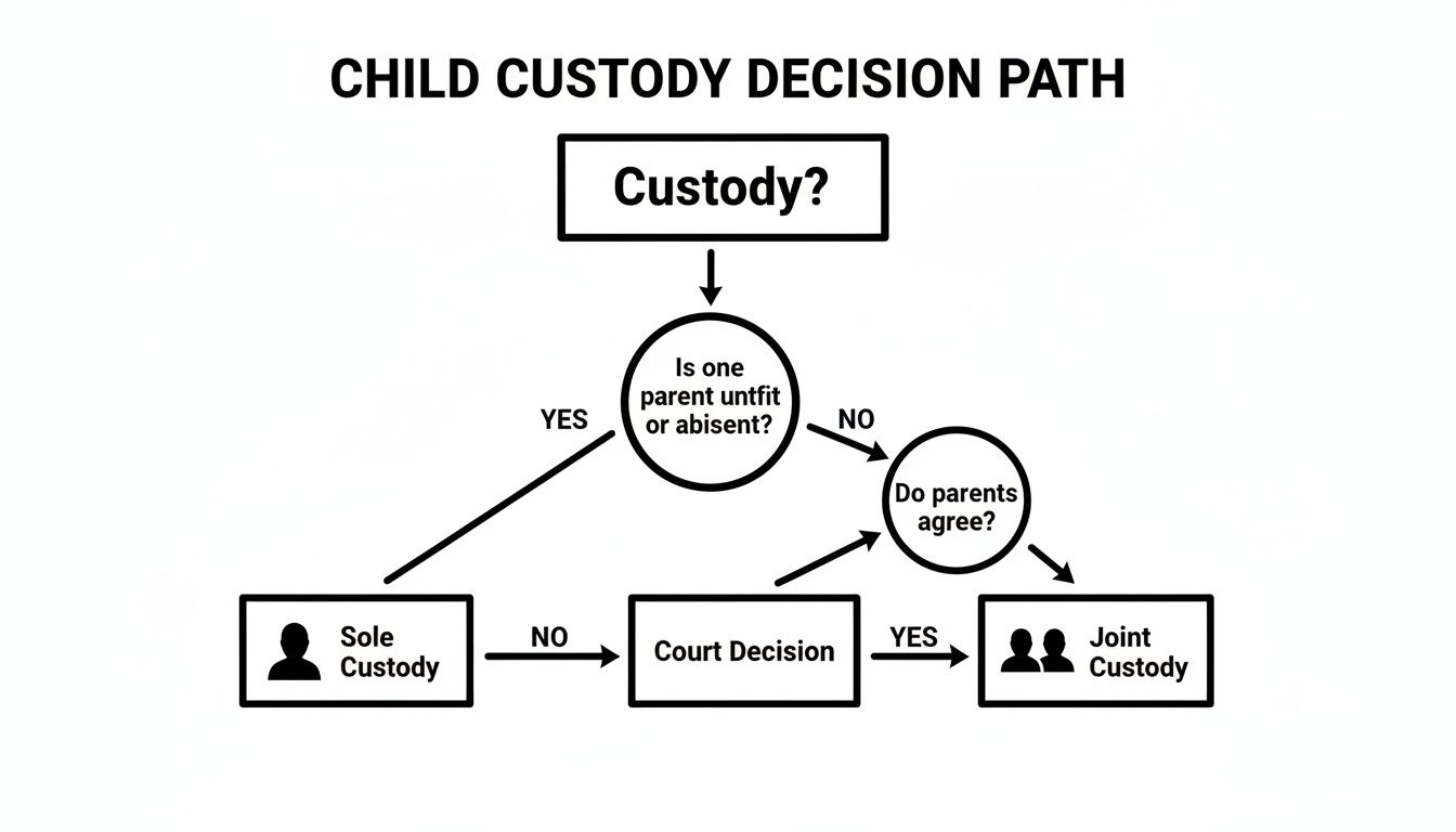 A flowchart showing the child custody decision path, illustrating conditions for sole, joint, or court-decided custody.