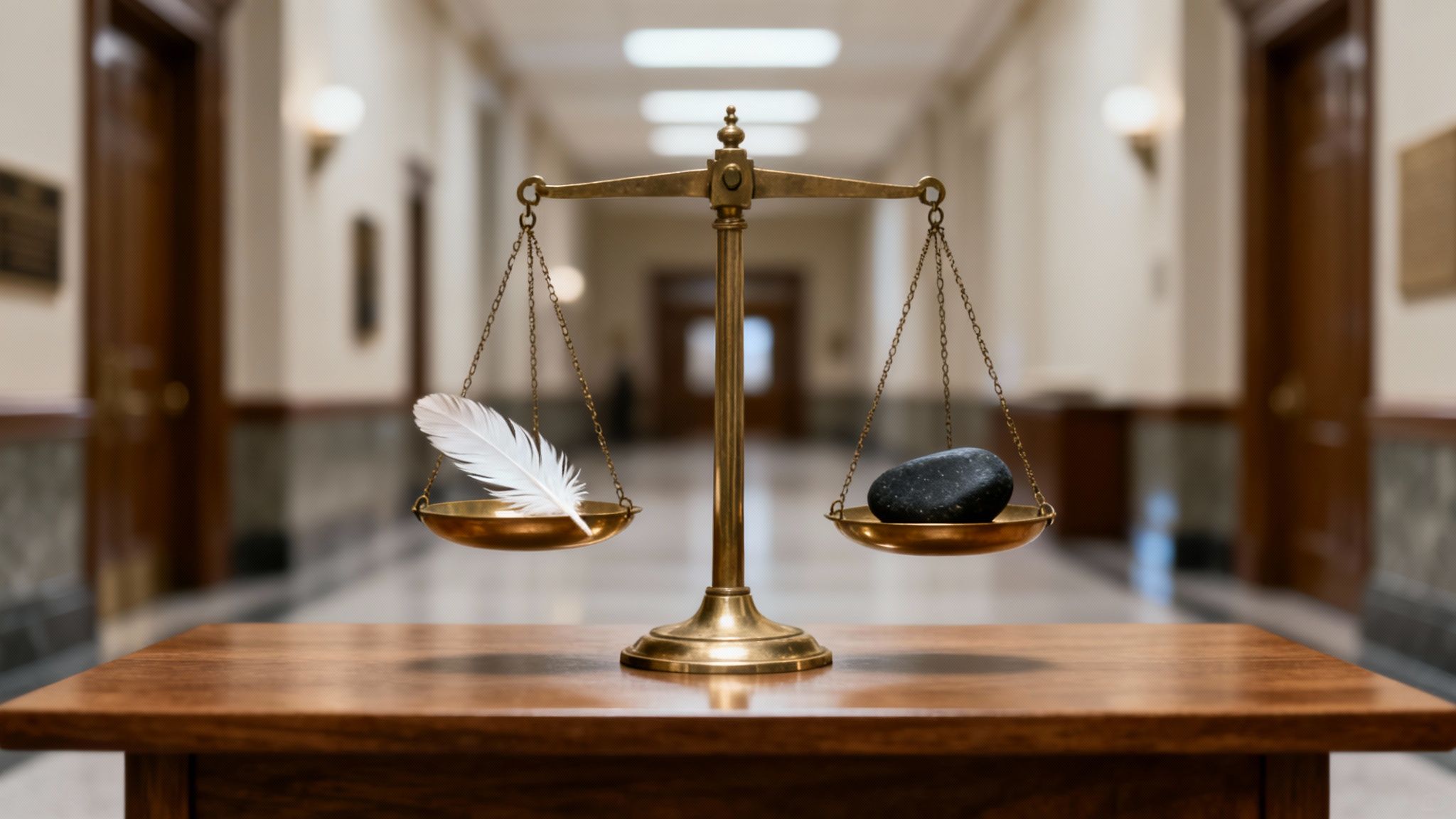 A brass balance scale with a white feather and a black stone, representing contrast and justice.