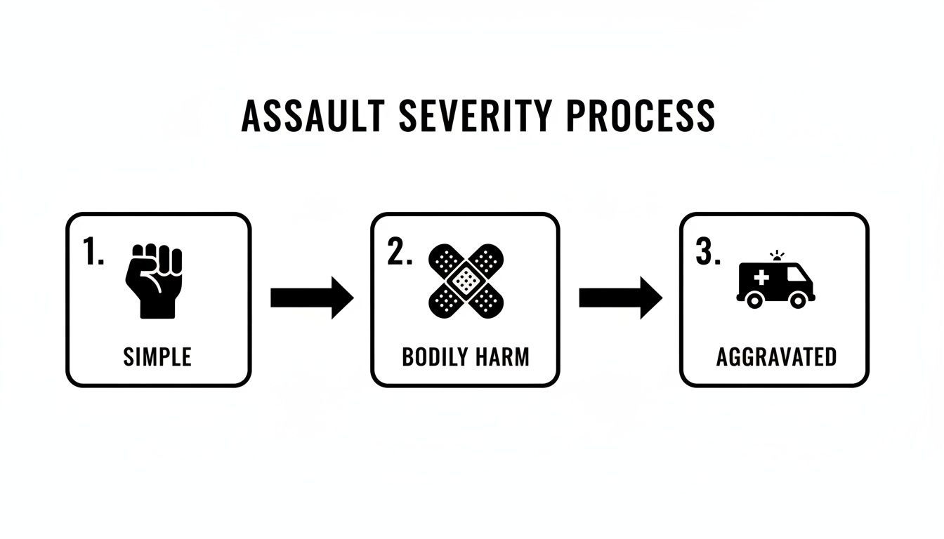 A flowchart showing the assault severity process: simple (fist), bodily harm (band-aid), aggravated (ambulance).