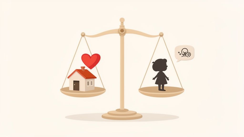 A balance scale shows a house and red heart on one side, a child with a distressed thought bubble on the other.