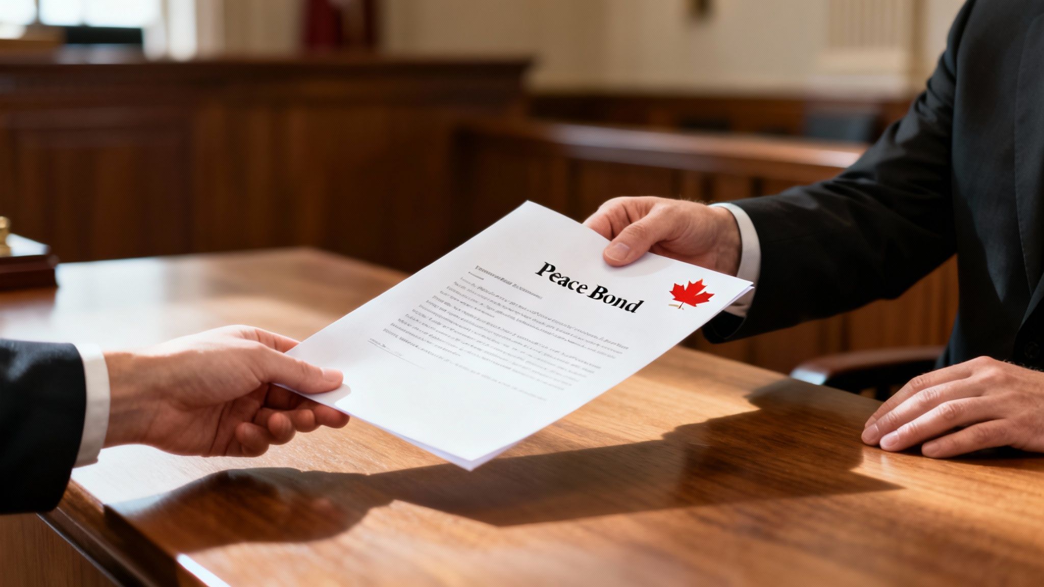 Close-up of two hands exchanging a 'Peace Bond' document featuring a red Canadian maple leaf logo.