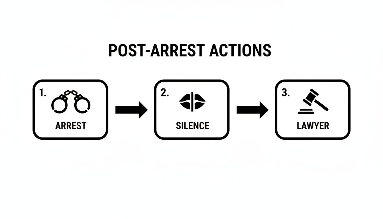 Flowchart outlining post-arrest actions: 1. Arrest (handcuffs), 2. Silence (lips), 3. Lawyer (gavel).