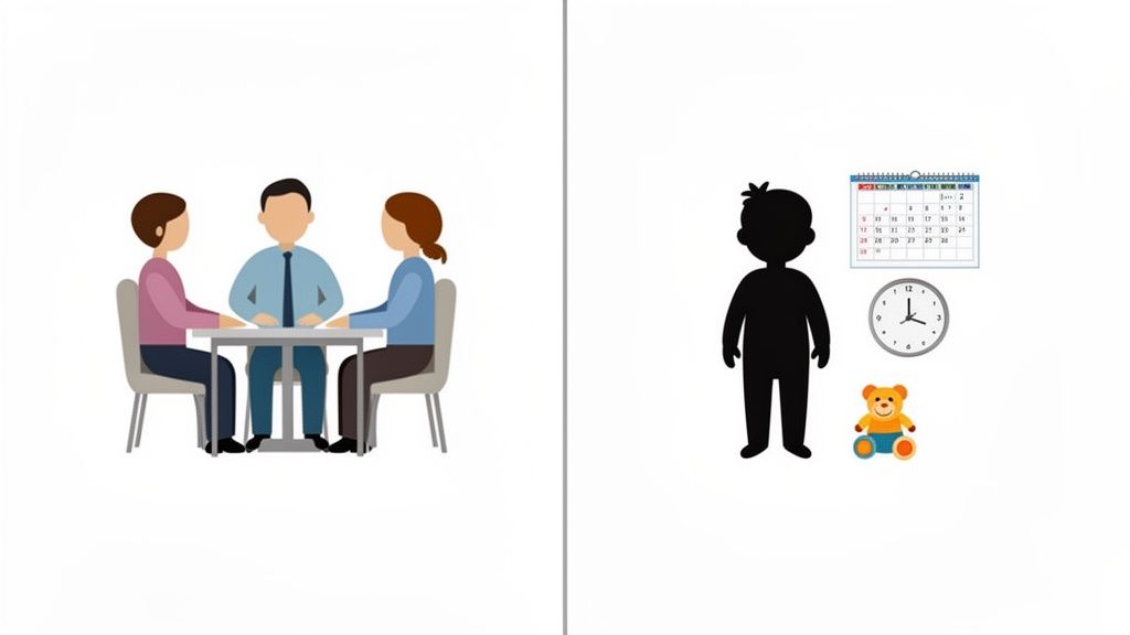 An image contrasting adults in discussion at a table with a child's silhouette, calendar, clock, and teddy bear.