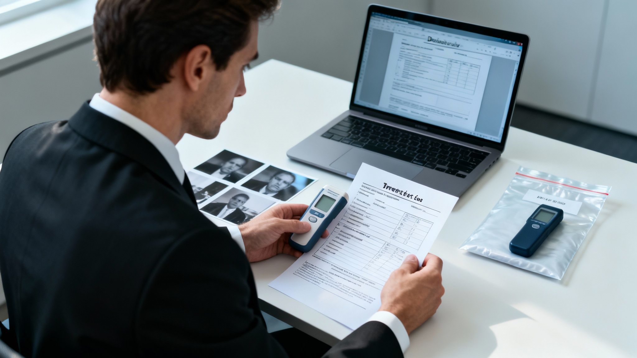 A man in a suit meticulously reviews documents and a handheld device, with a laptop and photos on the desk.