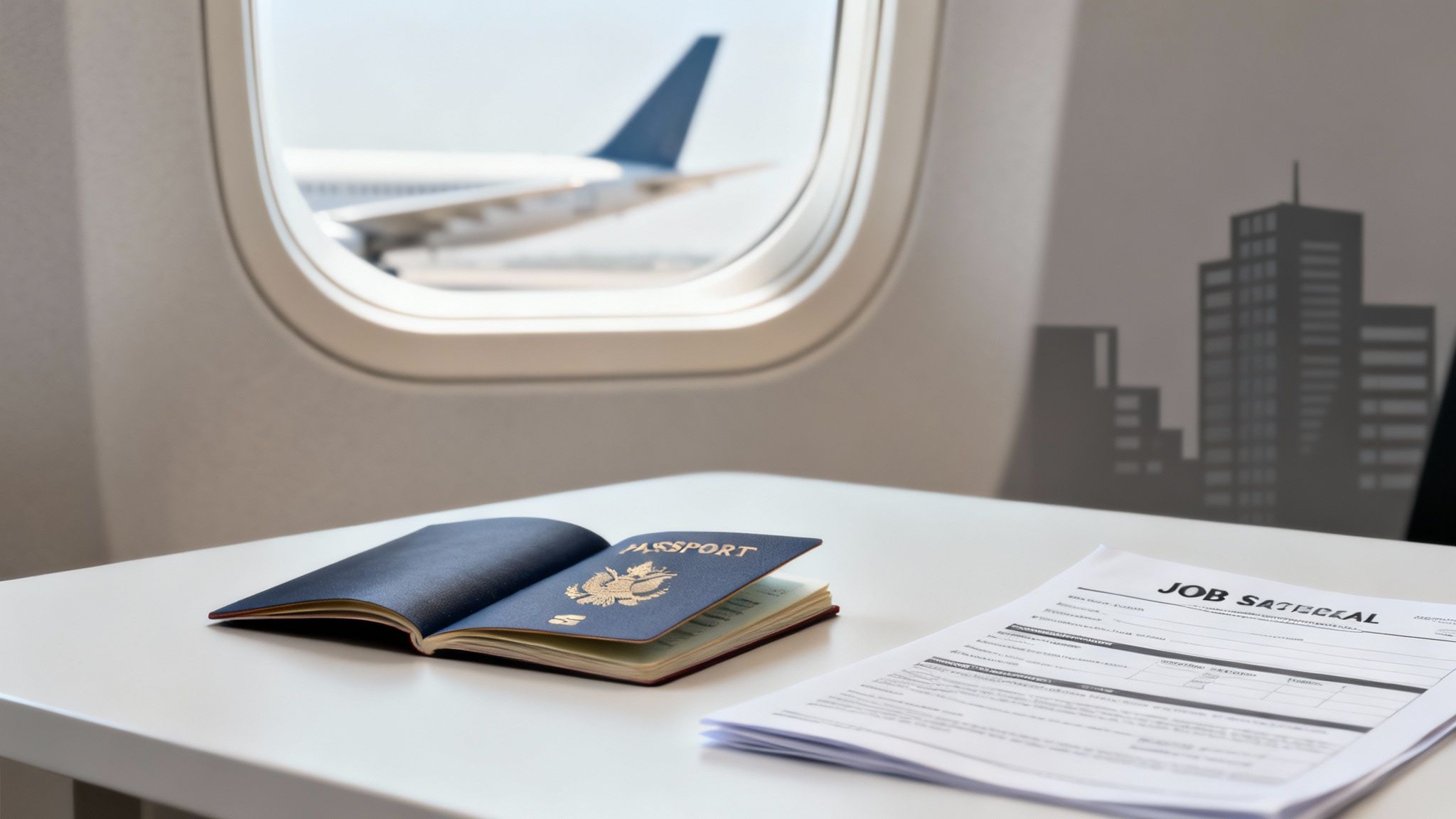 An open US passport and job application documents on a table next to an airplane window.