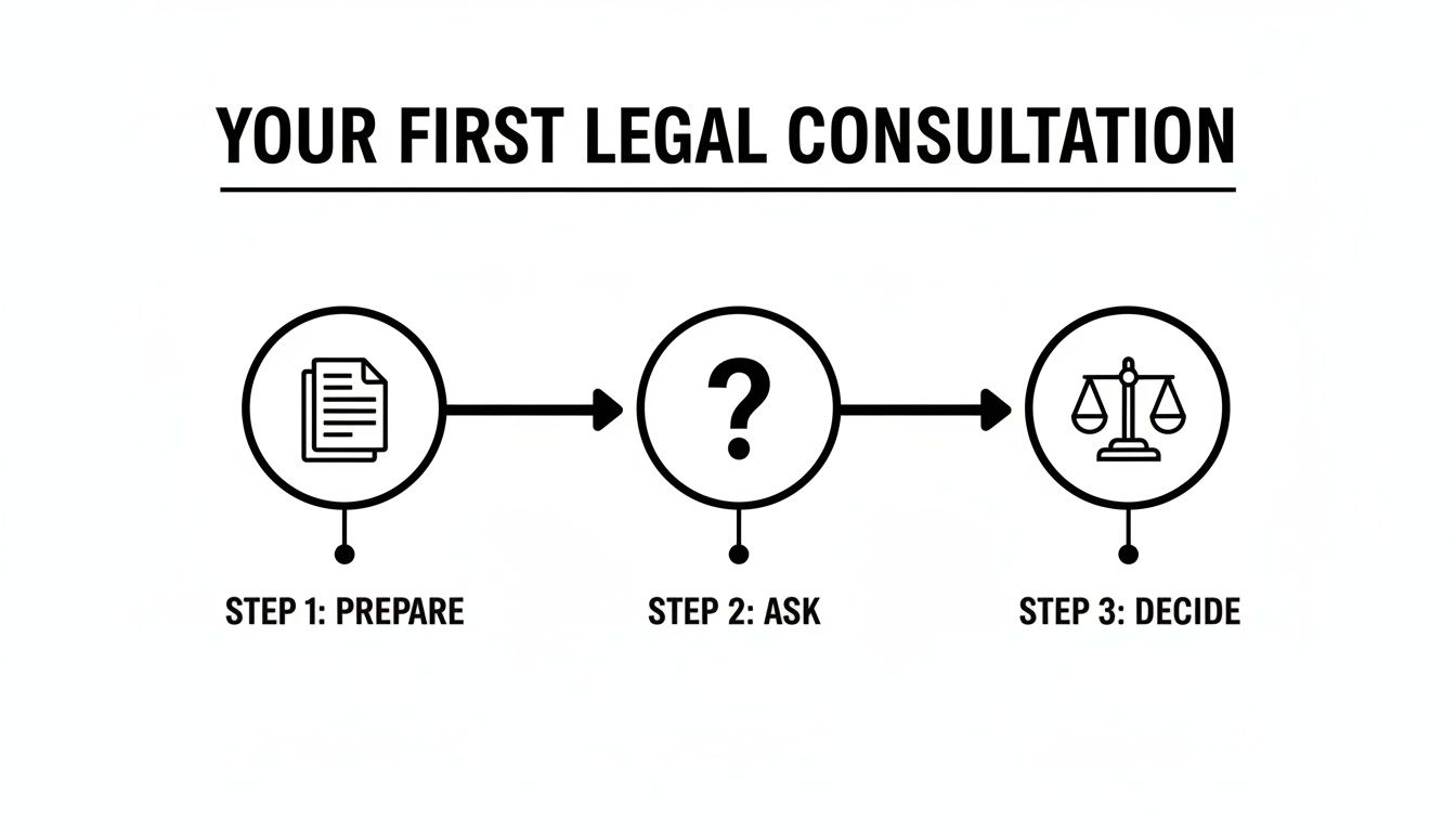 Infographic showing three steps for a legal consultation: prepare, ask, and decide.