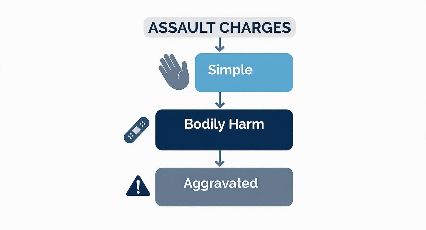 A flowchart illustrating the three types of assault charges: Simple, Bodily Harm, and Aggravated.