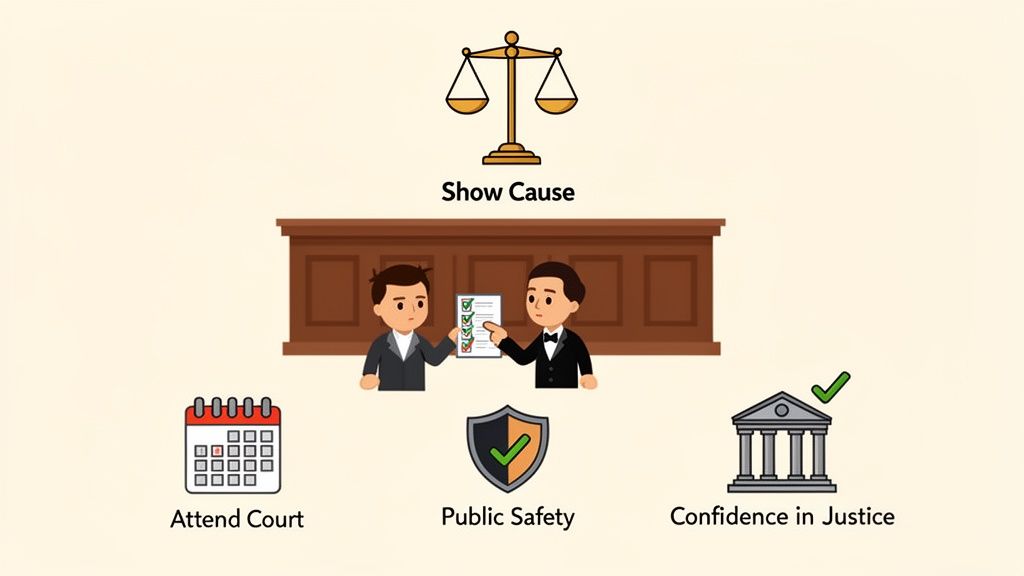 Cartoon showing 'Show Cause' legal process: scales of justice, court, public safety, and confidence in justice.