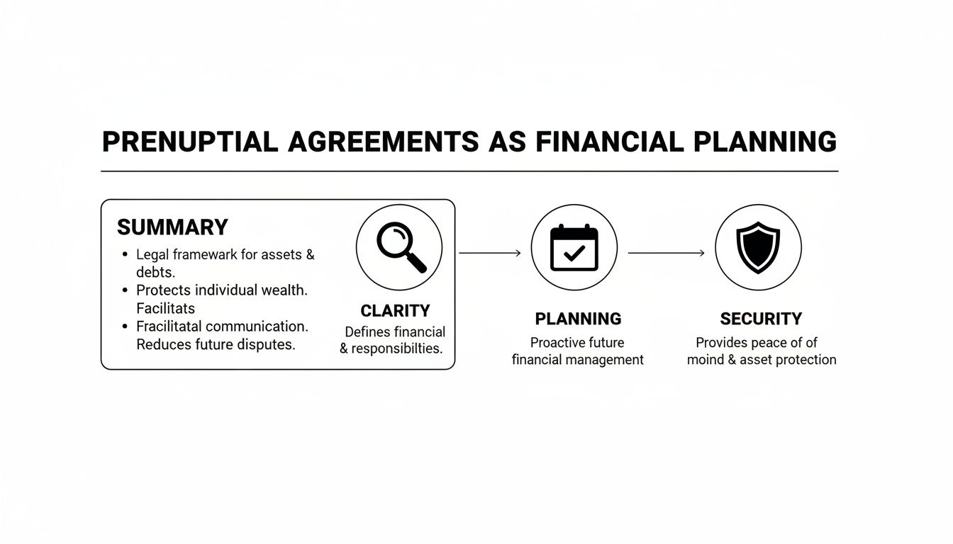 Diagram illustrating prenuptial agreements as a financial planning tool, emphasizing clarity, planning, and security.