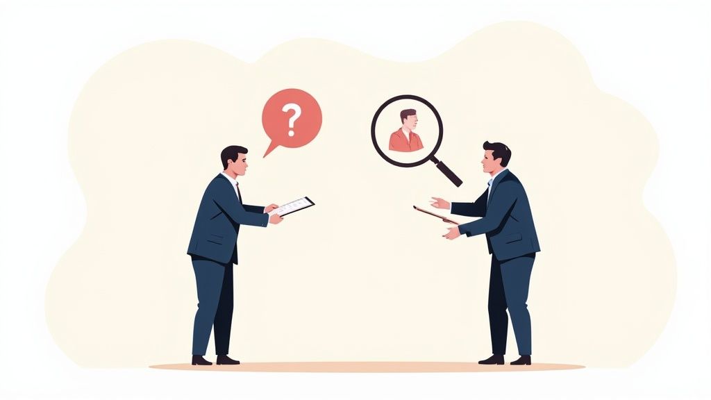 Two businessmen, one questioning and one searching, symbolizing a legal inquiry or investigation.