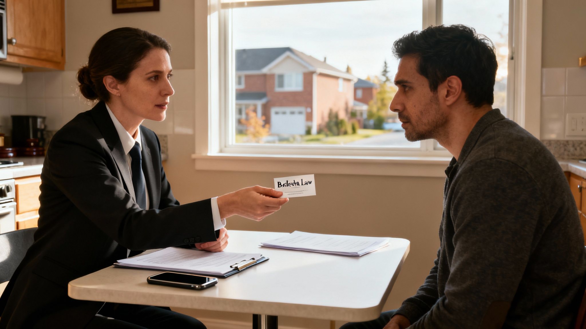 A female lawyer in a suit hands a 'Balestri Law' business card to a male client.