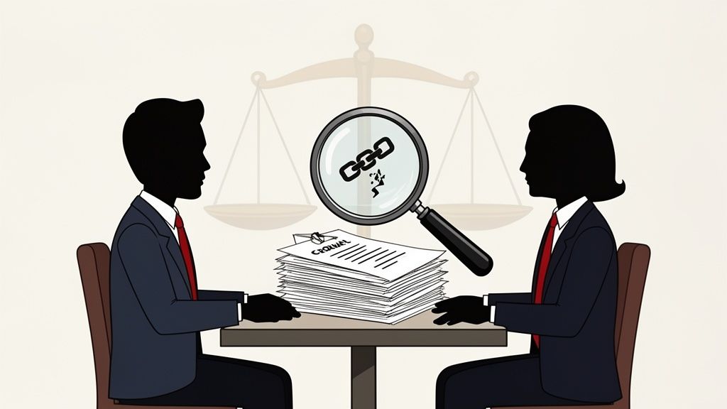 Two lawyers reviewing criminal documents, with a magnifying glass highlighting a broken chain link and scales of justice.