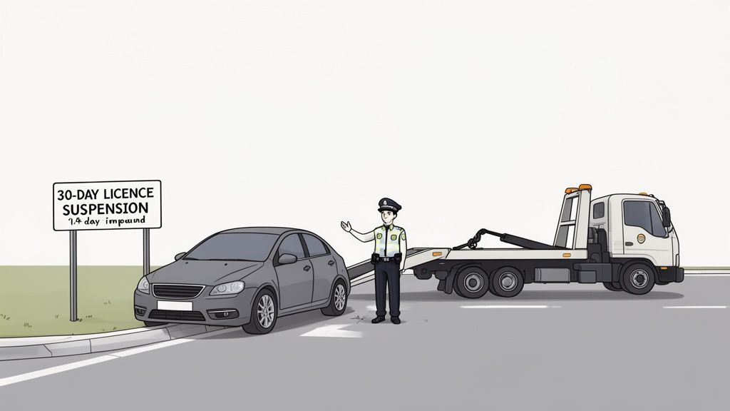 A police officer stands by a grey car and a tow truck, with a sign indicating a 30-day license suspension and 14-day impound.