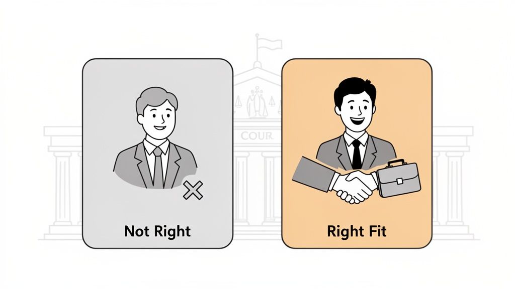 Cartoon comparing a 'Not Right' lawyer to a 'Right Fit' professional shaking hands near a courthouse.