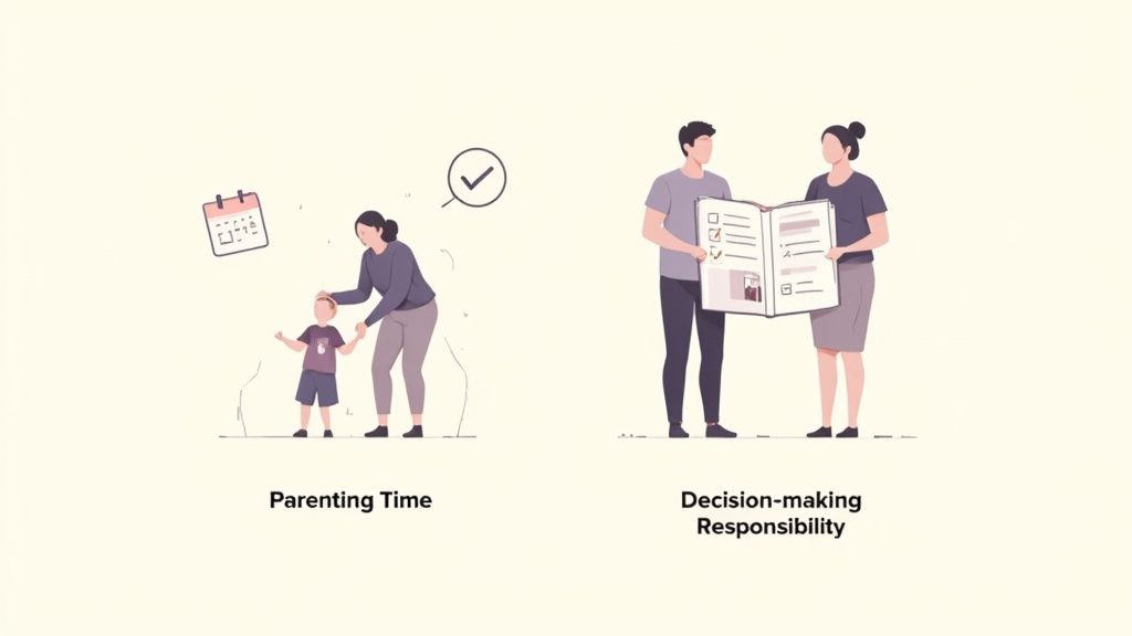 An illustration showing a mother with her child representing parenting time, and a couple making decisions.