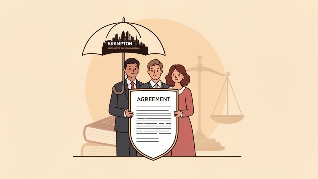 Three people under a Brampton umbrella holding an agreement document, with legal scales and books in the background.