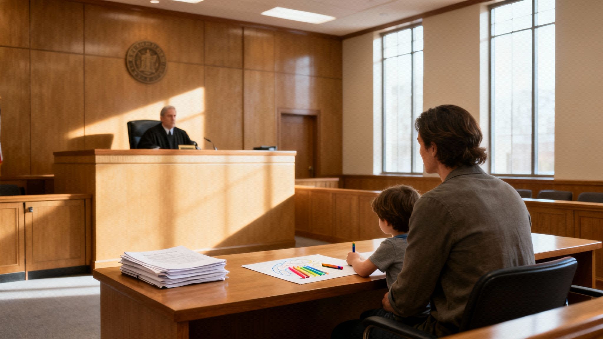 A father and his young child sit in a courtroom, with the child drawing while a judge observes.