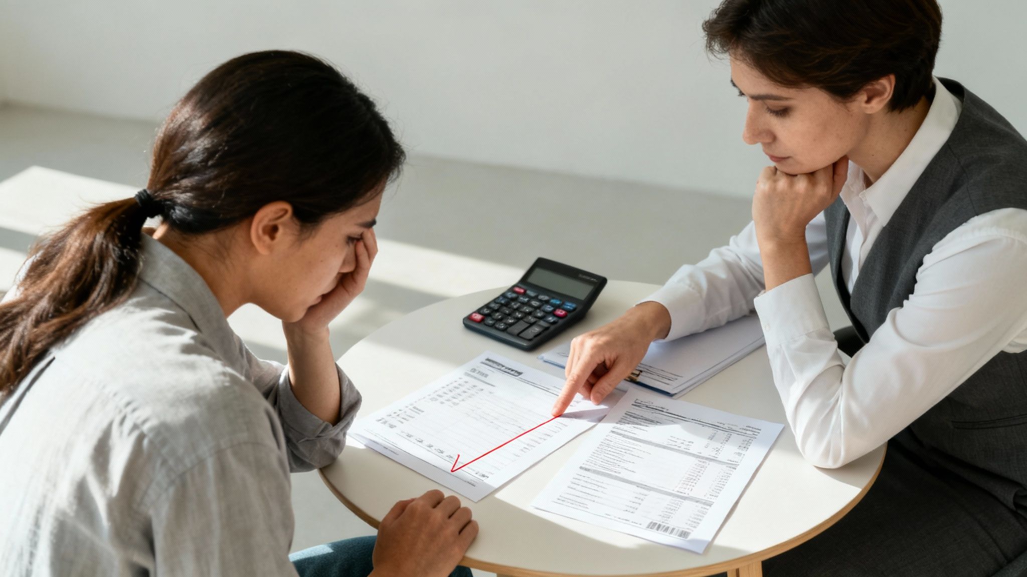 Two women review financial documents; one appears distressed while the other points to a negative trend.