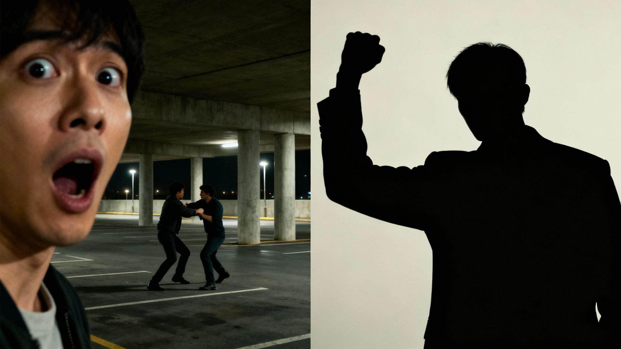 A shocked man witnessing a fight in a parking garage, juxtaposed with a raised fist silhouette.