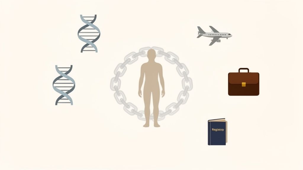 A person surrounded by a chain, alongside DNA strands, an airplane, a briefcase, and a registry book.