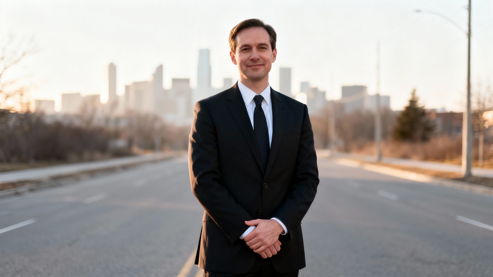A smiling professional man in a black suit stands on a road with a blurred city skyline.