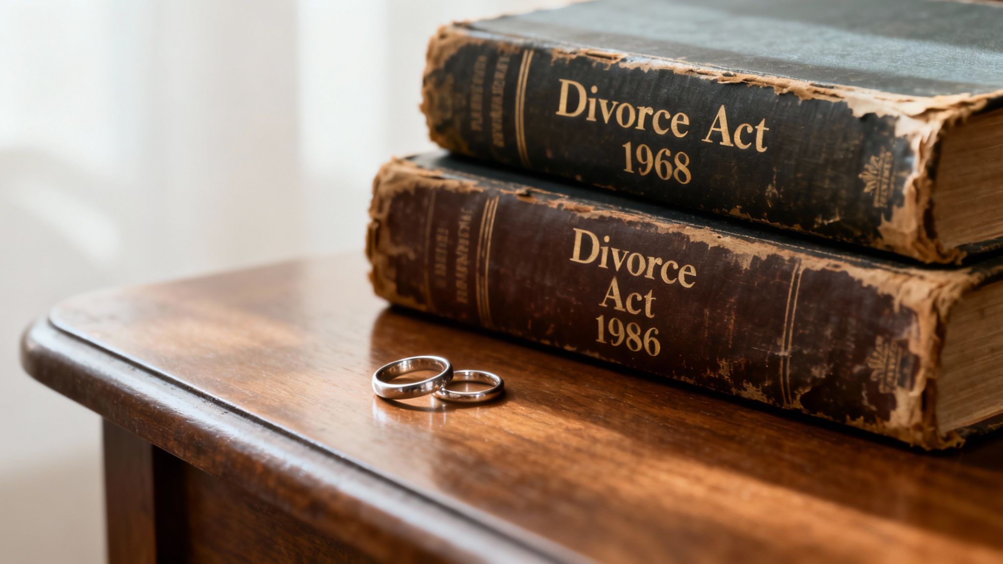 Two old 'Divorce Act' books on a wooden table with wedding rings, symbolizing marital legal issues.