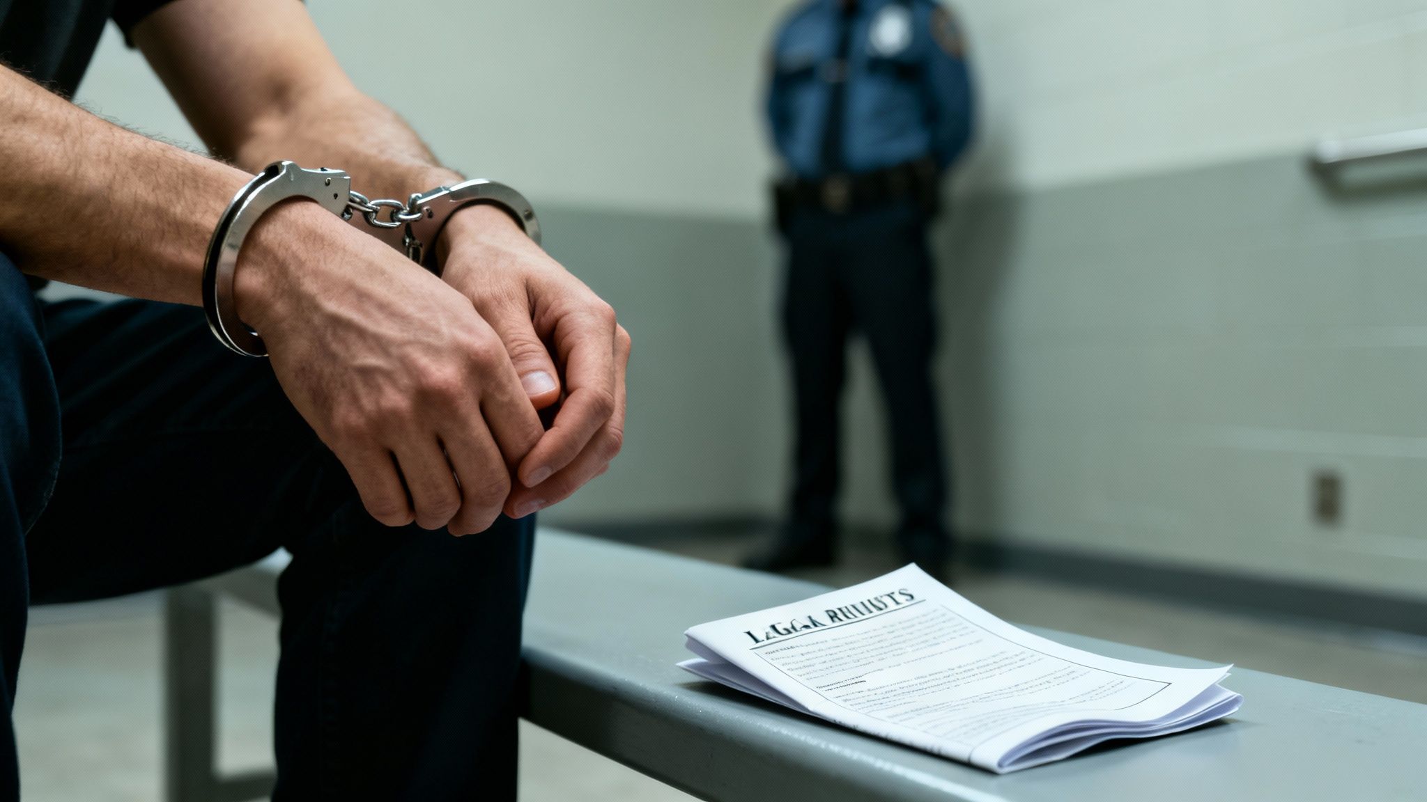 A man in handcuffs sits on a bench, with a blurred police officer and legal documents nearby.