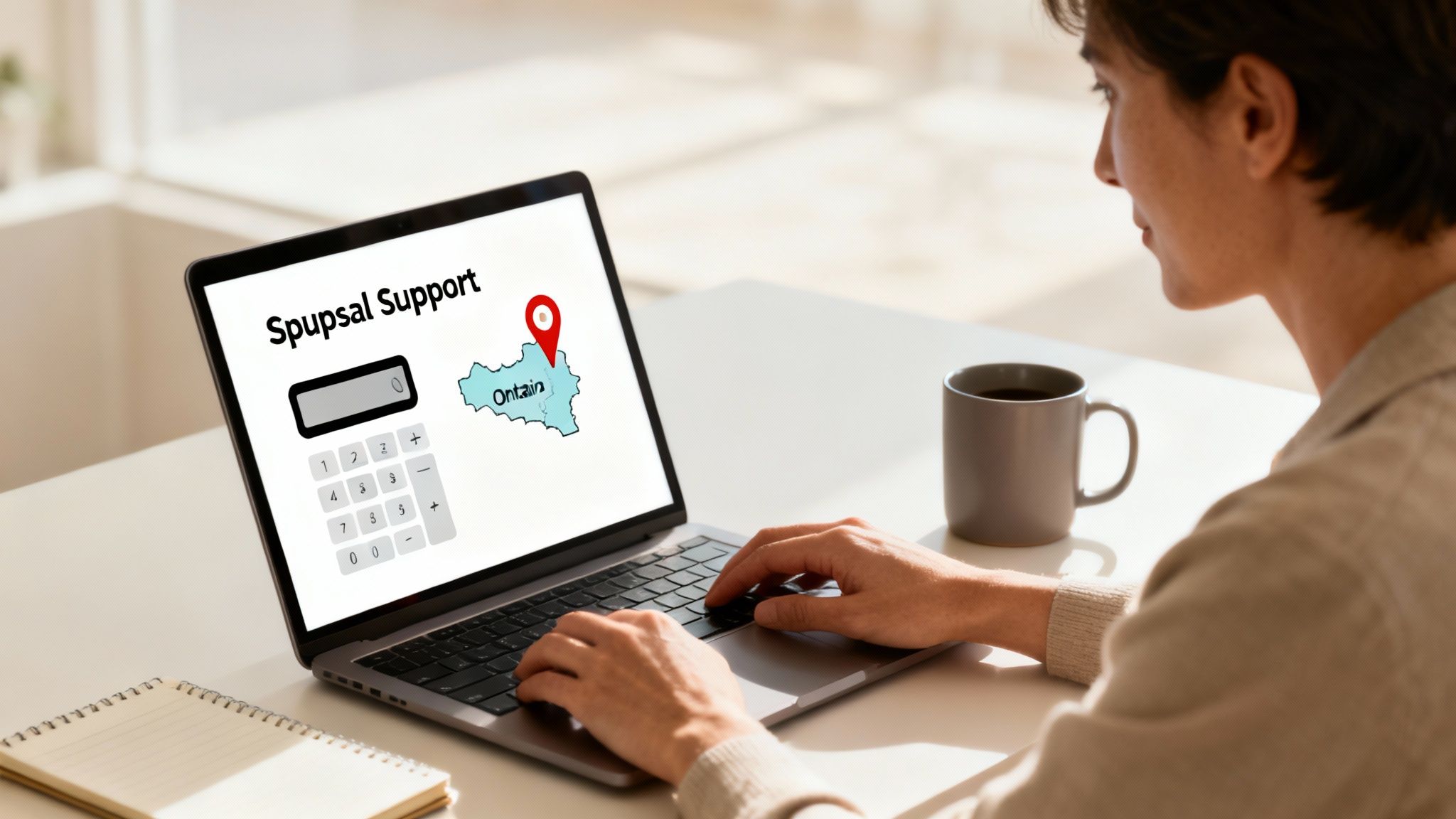 A person uses a laptop displaying a spousal support calculator for Ontario on screen.