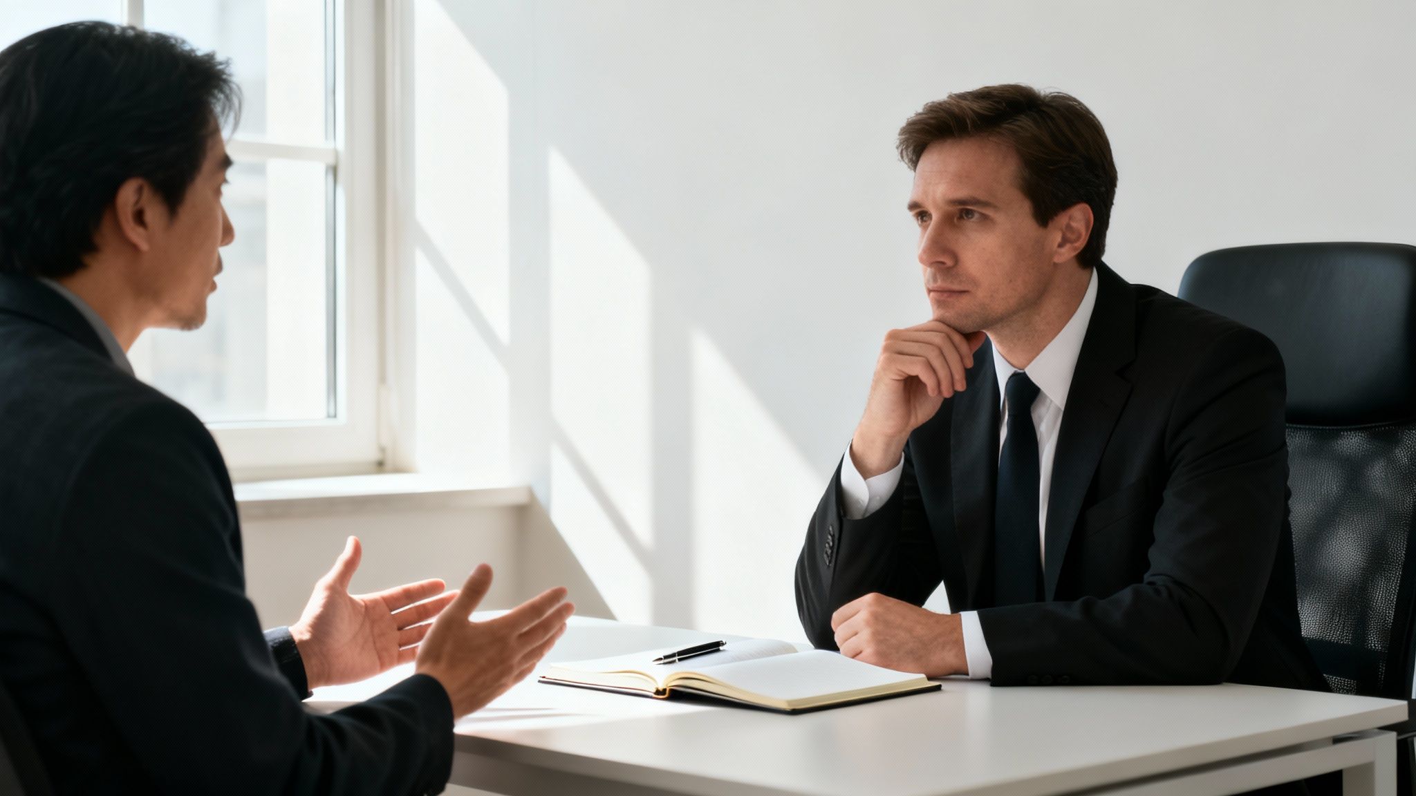 Two professional men in suits engaged in a serious discussion at an office desk.