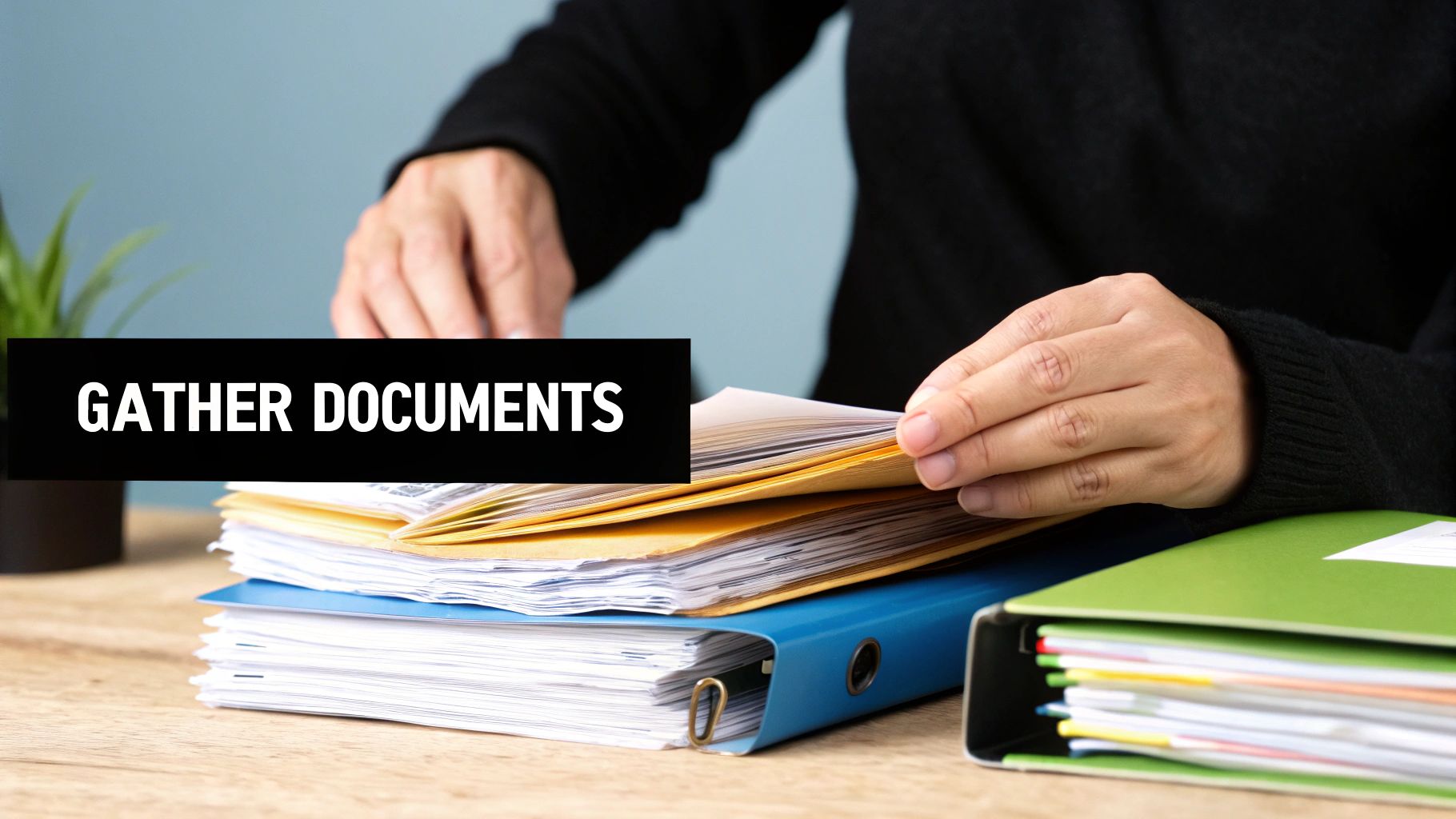 A person organizing financial documents like bills and statements at a desk, symbolizing taking control of their separation.
